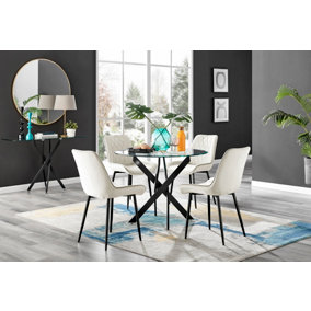 Furniturebox Novara Clear Tempered Glass 100cm Round Dining Table with Black Starburst Legs & 4 Cream Pesaro Soft Velvet Chairs