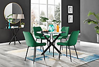 Furniturebox Novara Clear Tempered Glass 100cm Round Dining Table with Black Starburst Legs & 4 Green Pesaro Soft Velvet Chairs