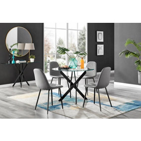 Furniturebox Novara Clear Tempered Glass 100cm Round Dining Table with Black Starburst Legs & 4 Grey Corona Faux Leather Chairs