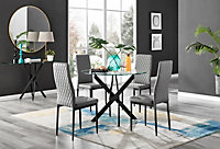 Furniturebox Novara Clear Tempered Glass 100cm Round Dining Table with Black Starburst Legs & 4 Grey Milan Faux Leather Chairs
