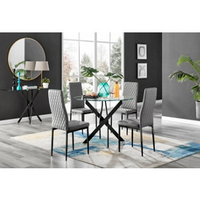 Furniturebox Novara Clear Tempered Glass 100cm Round Dining Table with Black Starburst Legs & 4 Grey Milan Faux Leather Chairs
