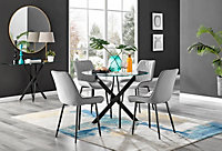 Furniturebox Novara Clear Tempered Glass 100cm Round Dining Table with Black Starburst Legs & 4 Grey Pesaro Soft Velvet Chairs