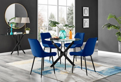 Furniturebox Novara Clear Tempered Glass 100cm Round Dining Table with Black Starburst Legs & 4 Navy Pesaro Soft Velvet Chairs