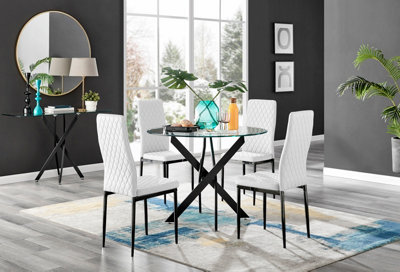 Furniturebox Novara Clear Tempered Glass 100cm Round Dining Table with Black Starburst Legs & 4 White Milan Faux Leather Chairs