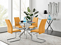 Furniturebox Novara Clear Tempered Glass 100cm Round Dining Table with Chrome Legs & 4 Mustard Lorenzo Faux Leather Chairs