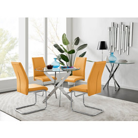 Furniturebox Novara Clear Tempered Glass 100cm Round Dining Table with Chrome Legs & 4 Mustard Lorenzo Faux Leather Chairs