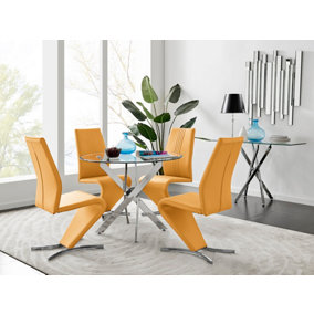 Furniturebox Novara Clear Tempered Glass 100cm Round Dining Table with Chrome Legs & 4 Mustard Willow Faux Leather Chairs