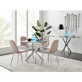 Furniturebox Novara Clear Tempered Glass 100cm Round Dining Table with Chrome Starburst Legs & 4 Beige Corona Faux Leather Chairs