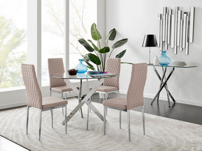 Furniturebox Novara Clear Tempered Glass 100cm Round Dining Table with Chrome Starburst Legs & 4 Beige Milan Faux Leather Chairs