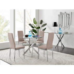 Furniturebox Novara Clear Tempered Glass 100cm Round Dining Table with Chrome Starburst Legs & 4 Beige Milan Faux Leather Chairs