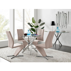 Furniturebox Novara Clear Tempered Glass 100cm Round Dining Table with Chrome Starburst Legs & 4 Beige Willow Faux Leather Chairs