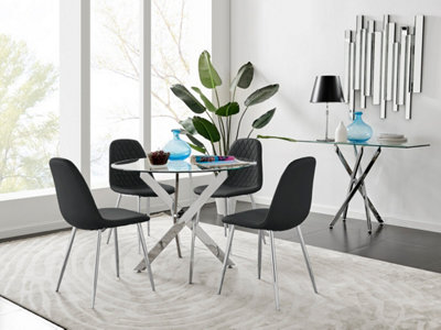 Furniturebox Novara Clear Tempered Glass 100cm Round Dining Table with Chrome Starburst Legs & 4 Black Corona Faux Leather Chairs