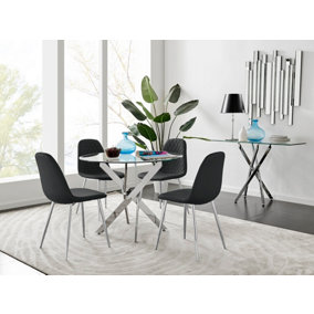 Furniturebox Novara Clear Tempered Glass 100cm Round Dining Table with Chrome Starburst Legs & 4 Black Corona Faux Leather Chairs