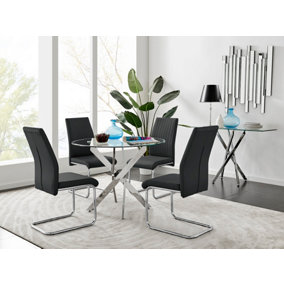 Furniturebox Novara Clear Tempered Glass 100cm Round Dining Table with Chrome Starburst Legs & 4 Black Lorenzo Faux Leather Chairs