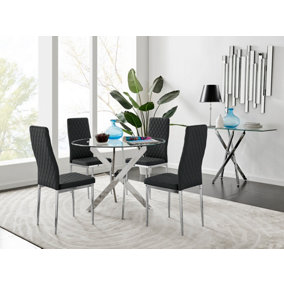 Furniturebox Novara Clear Tempered Glass 100cm Round Dining Table with Chrome Starburst Legs & 4 Black Milan Faux Leather Chairs