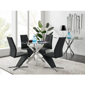 Furniturebox Novara Clear Tempered Glass 100cm Round Dining Table with Chrome Starburst Legs & 4 Black Willow Faux Leather Chairs