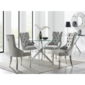 Furniturebox Novara Clear Tempered Glass 100cm Round Dining Table with Chrome Starburst Legs & 4 Grey Belgravia Velvet Chairs