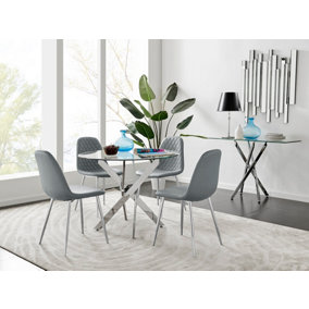 Furniturebox Novara Clear Tempered Glass 100cm Round Dining Table with Chrome Starburst Legs & 4 Grey Corona Faux Leather Chairs