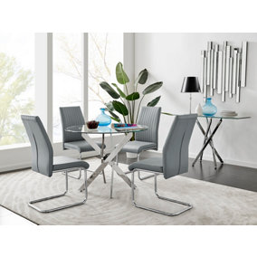 Furniturebox Novara Clear Tempered Glass 100cm Round Dining Table with Chrome Starburst Legs & 4 Grey Lorenzo Faux Leather Chairs