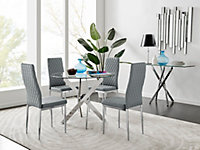 Furniturebox Novara Clear Tempered Glass 100cm Round Dining Table with Chrome Starburst Legs & 4 Grey Milan Faux Leather Chairs