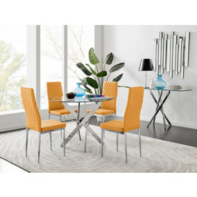 Furniturebox Novara Clear Tempered Glass 100cm Round Dining Table with Chrome Starburst Legs & 4 Mustard Milan Faux Leather Chairs