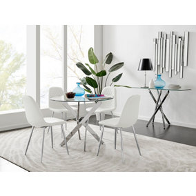 Furniturebox Novara Clear Tempered Glass 100cm Round Dining Table with Chrome Starburst Legs & 4 White Corona Faux Leather Chairs