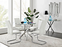 Furniturebox Novara Clear Tempered Glass 100cm Round Dining Table with Chrome Starburst Legs & 4 White Lorenzo Faux Leather Chairs