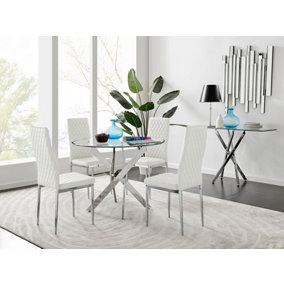 Furniturebox Novara Clear Tempered Glass 100cm Round Dining Table with Chrome Starburst Legs & 4 White Milan Faux Leather Chairs