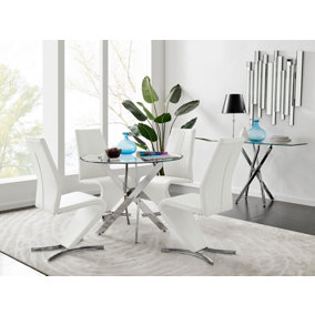 Furniturebox Novara Clear Tempered Glass 100cm Round Dining Table with Chrome Starburst Legs & 4 White Willow Faux Leather Chairs