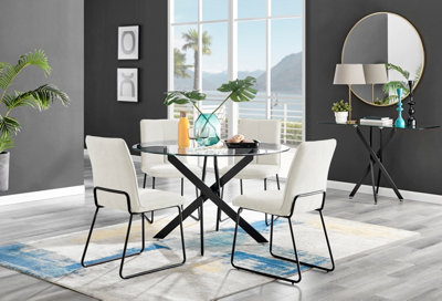 Furniturebox Novara Clear Tempered Glass 120cm Round Dining Table with Black Starburst Legs & 4 Cream Halle Soft Fabric Chairs