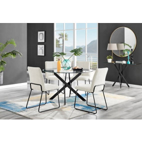 Furniturebox Novara Clear Tempered Glass 120cm Round Dining Table with Black Starburst Legs & 4 Cream Halle Soft Fabric Chairs