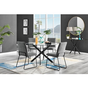 Furniturebox Novara Clear Tempered Glass 120cm Round Dining Table with Black Starburst Legs & 4 Dark Grey Halle Soft Fabric Chairs