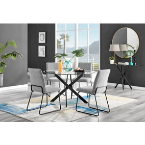 Furniturebox Novara Clear Tempered Glass 120cm Round Dining Table with Black Starburst Legs & 4 Light Grey Halle Fabric Chairs
