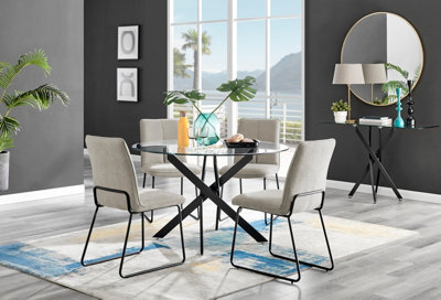 Furniturebox Novara Clear Tempered Glass 120cm Round Dining Table with Black Starburst Legs & 4 Taupe Halle Soft Fabric Chairs