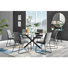 Furniturebox Novara Clear Tempered Glass 120cm Round Dining Table with Black Starburst Legs & 6 Dark Grey Halle Soft Fabric Chairs