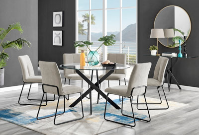 Furniturebox Novara Clear Tempered Glass 120cm Round Dining Table with Black Starburst Legs & 6 Taupe Halle Soft Fabric Chairs