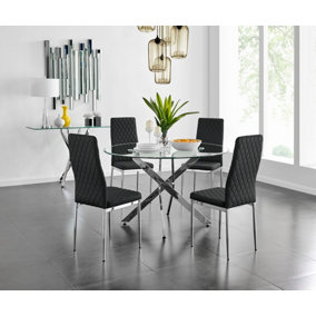 Furniturebox Novara Clear Tempered Glass 120cm Round Dining Table with Chrome Starburst Legs & 4 Black Milan Faux Leather Chairs