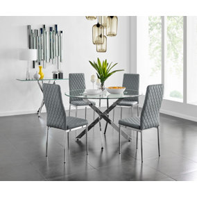 Furniturebox Novara Clear Tempered Glass 120cm Round Dining Table with Chrome Starburst Legs & 4 Grey Milan Faux Leather Chairs