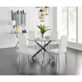 Furniturebox Novara Clear Tempered Glass 120cm Round Dining Table with Chrome Starburst Legs & 4 White Milan Faux Leather Chairs