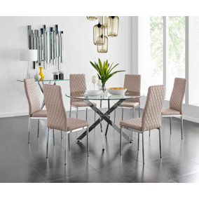 Furniturebox Novara Clear Tempered Glass 120cm Round Dining Table with Chrome Starburst Legs & 6 Beige Milan Faux Leather Chairs