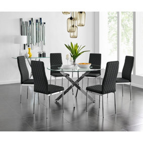Furniturebox Novara Clear Tempered Glass 120cm Round Dining Table with Chrome Starburst Legs & 6 Black Milan Faux Leather Chairs
