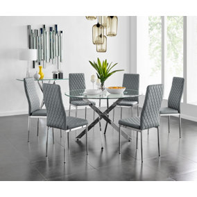 Furniturebox Novara Clear Tempered Glass 120cm Round Dining Table with Chrome Starburst Legs & 6 Grey Milan Faux Leather Chairs