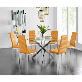 Furniturebox Novara Clear Tempered Glass 120cm Round Dining Table with Chrome Starburst Legs & 6 Mustard Milan Faux Leather Chairs