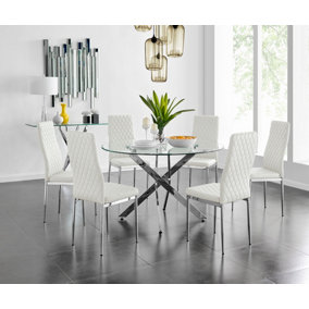 Furniturebox Novara Clear Tempered Glass 120cm Round Dining Table with Chrome Starburst Legs & 6 White Milan Faux Leather Chairs