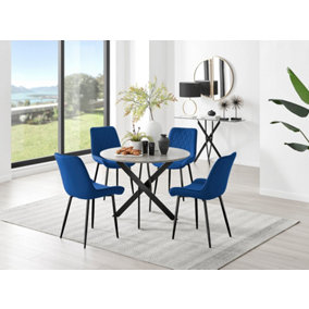 Furniturebox Novara Grey Concrete Effect 100cm Round Dining Table with Black Starburst Legs & 4 Blue Pesaro Velvet Chairs