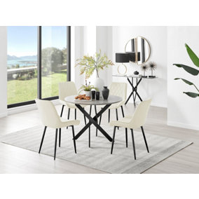 Furniturebox Novara Grey Concrete Effect 100cm Round Dining Table with Black Starburst Legs & 4 Cream Pesaro Velvet Chairs
