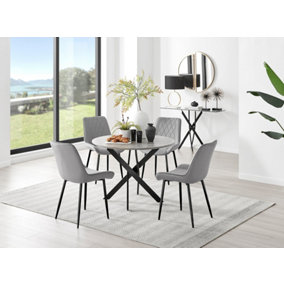 Furniturebox Novara Grey Concrete Effect 100cm Round Dining Table with Black Starburst Legs & 4 Grey Pesaro Velvet Chairs