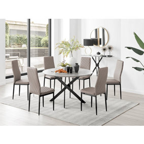 Furniturebox Novara Grey Concrete Effect 120cm Round Dining Table with Black Starburst Legs & 6 Beige Milan Faux Leather Chairs