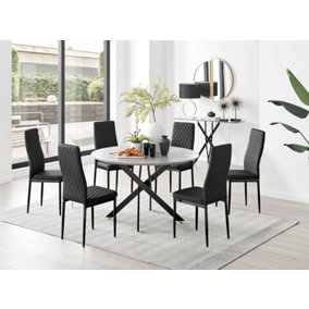Furniturebox Novara Grey Concrete Effect 120cm Round Dining Table with Black Starburst Legs & 6 Black Milan Faux Leather Chairs