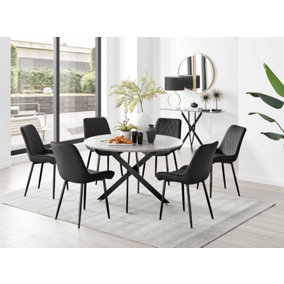 Furniturebox Novara Grey Concrete Effect 120cm Round Dining Table with Black Starburst Legs & 6 Black Pesaro Velvet Chairs